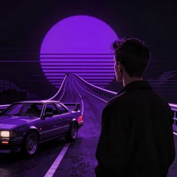 man looking at the outrun purple sun, synthwave, outrun, 8 0 s, high details, dark, by wlop
