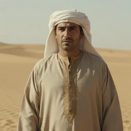 movie still of eric zemmour in the desert in djellaba, cinematic shot, close shot, natural light