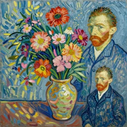 painting of a beautiful vase of brightly coloured flowers by van gogh and Thomas kinkade