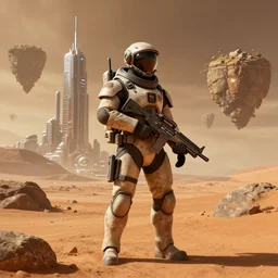 space soldier with a gun. the setting is on mars. a metaverse / space city is seen in the background, with surrounding floating islands. high details, artstation, octane render, concept art