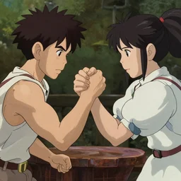 An Amazon and a Valkyrie arm wrestling, fantasy, Ilya Kuvshinov face, highly detailed, cel shading, digital painting, anime key visual, artwork by Hayao Miyazaki and Makoto Shinkai