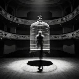 a grainy photo of a shadowy figure in a birdcage on a large old abandoned theatre stage, black and white, motion blur, long exposure