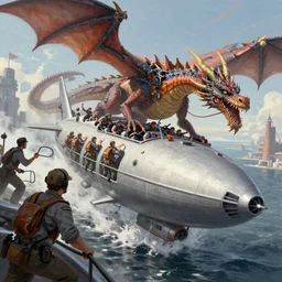 Airship crewmen scrambling as a dragon attacks their vessel, digital painting, exquisite detail, artstation, frantic, by Greg Rutkowski