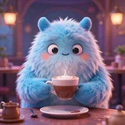 fluffy monster having a hot chocolate in a magical cafe. award - winning 3 d animation by an indie studio, rimlighting, depth of field, limited but vibrant palette, intricate details, impressionism, chiaroscuro, bokeh.