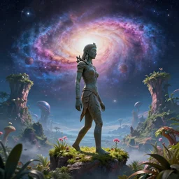 Eastern Island statue walking on a alien planet with alien plants and a giant galaxy appearing in the sky, digital art, anime style, 8K HDR, octane render, unreal engine 5, path tracing, breathtaking landscape, cinematic lighting, trending on Artstation, high quality, highly detailed, trending on DeviantArt, concept art
