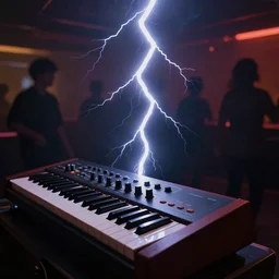 low angle shot of lightning striking a synthesizer in a dance club, dark dancing silhuettes in the background, bokeh, dramatic lighting, oil painting