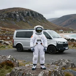tourist astronaut standing in the Isle of Harris, Scotland, a futuristic campervan in the background, 28 mm lens, photorealistic, rocky, hills, beach