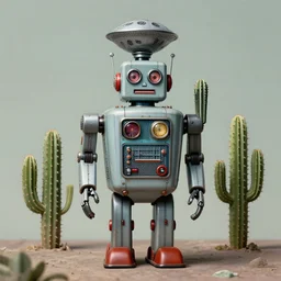 long shot of a 1950s retro Cactus robot, with space above the head. Bionic cacti Arms and eyes. pop surrealism, muted colours. by Jean-Baptiste Monge, wide shot
