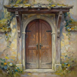 Ornate Wooden Door at the entrance of the Elven Dwelling, impressionistic painting