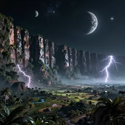 the surface of a distant tropical planet with surreal landscape and 1 0 0 km high a wall, curvature, stars and moons in the sky, dark, completely original lightning and light sources,, cinematic angle, movie concept, trending on artstation, octane render, 8 k, ultra high detail