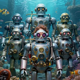 highly detailed closeup, group portrait of a retro robots deep sea diving, unreal engine, nicoletta ceccoli, mark ryden, earl norem, lostfish, global illumination, detailed and intricate environment