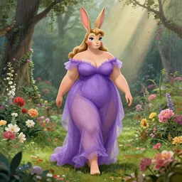 a stunning vector portrait of a thicc and voluptuous jessica rabbit dressed as palutena wearing a gossamer purple floor length dress walking through a flowering garden in the rain, intricate, elegant, highly detailed, artstation, concept art, ultra sharp focus, octane render, volumetric lighting, god rays, art by jugendstil and greg rutkowski and alphonse mucha