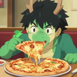 anime film still of a dragon eating a pizza, 8 k