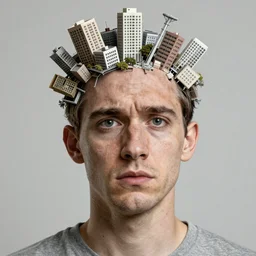 the face of a disgruntled man, made of buildings and infrastructure, by beeple and vincent di fate, trending on artstation