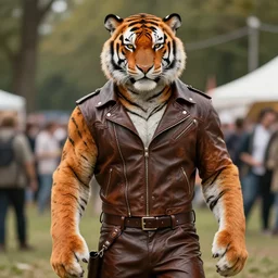 anthropomorphic, anthro, furry Tiger man in leather clothes , Eurofurence art by Tony sart, Thomas kinkade