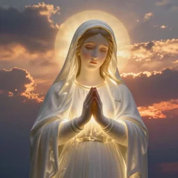 faint portrait of luminescent virgin mary blending into sunset clouds