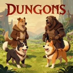 4 humanoid dogs playing dungeons and dragons, digital art