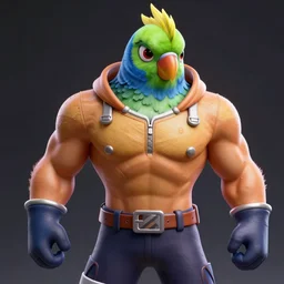 an anthropomorphic muscular budgie as a fortnite skin. high quality 8 k resolution