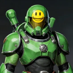 portrait of a mutant chronicles bauhaus doomtrooper, wearing green battle armor, a yellow smiley sticker centered on helmet, by jean giraud