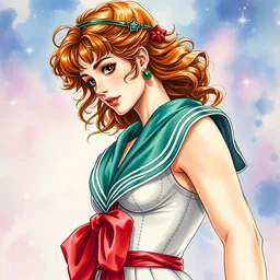 the sailor jupiter. beautiful, realistic painting by mucha and kuvshinov and bilibin. watercolor, thick linings, manga