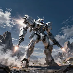 armored core v by liam wong, fromsoftware, booster flares, legs, laser rifles, smoke, karst landscape, ; wide shot, dark blue sky, cloud, empty wilderness ground ; digital painting, cinematic contrast, dynamic backlighting, sharp edge, motion blur,