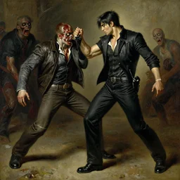 chris redfield fighting with zombie, painting by j. c. leyendecker