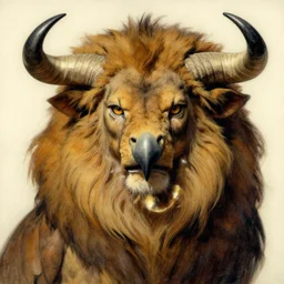 a creature with the body and eyes of a man, with the beak of an eagle instead of a nose, with the mane of a lion, with two horns of an ox on the head. drawn by frank frazetta