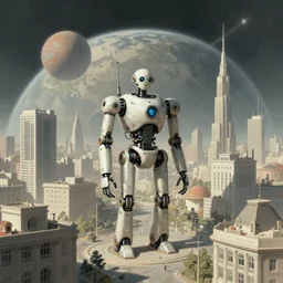 retrofuturist robot city on planet robot by jean baptiste monge, muted colors,