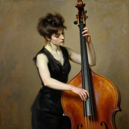 Punk girl playing double bass by Mario Testino, oil painting by Lawrence Alma-Tadema