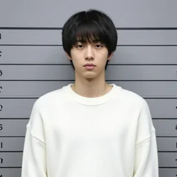A mugshot of a young Asian man, wearing a white baggy sweater, bowl cut hair