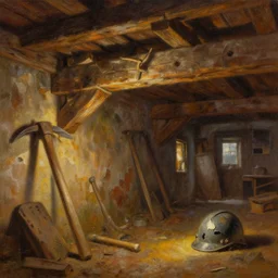 a beautiful painting of of an old abandoned 1 9 th century mine with exposed beams, pickaxes and a helmet with a broken light, warm colors by greg rutkowski and kalin popov, trending on artstation, masterpiece,