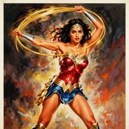 padma lakshmi as wonder woman spinning golden lasso over her head, vintage bollywood movie poster art, painting by alex ross, dynamic angle, stunning dramatic light, poster h 7 0 4