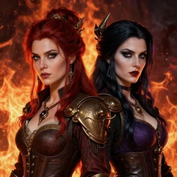 a female pyromancer and a female necromancer standing together, lesbians, steampunk, fire and darkness background, detailed face, sharp focus, highly detailed, cinematic lighting, studio quality, colorful, smooth render, unreal engine 5 rendered, octane, rendered, by artgerm, greg rutkowski, alphonse mucha