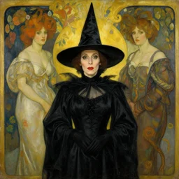 miriam margolyes wearing a black witch's dress and tall pointed black witch's hat. painting by artgerm and greg rutkowski and alphonse mucha