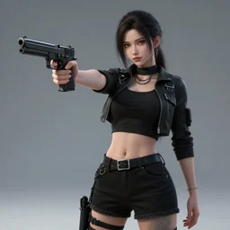 photograph of a young woman wearing a all black clothes holding a Gun, detailed, artstation, concept art, Unreal Engine 5 render, 8K