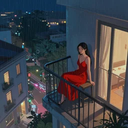 a beautiful artwork of a woman in red dress sitting on the balcony of a hotel at night, top view, neon and rainy theme atmosphere by Jerome Opeña, featured on artstation