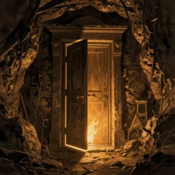 hidden door in a secret crypt. undergound, firelight, illustration, concept art