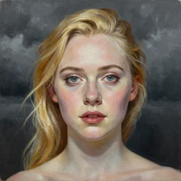 professional painting of Elle Fanning in the style of Jean Delville, head and shoulders portrait, symmetrical facial features, smooth, sharp focus, illustration, intricate, stormy weather, extremely detailed masterpiece,