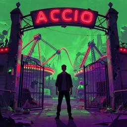 digital illustration still of a man standing in front of the gates of a rundown abandoned radio active amusement park, amusement park rides in the background, digital art, by alex pardee, neon green red and purple color scheme,