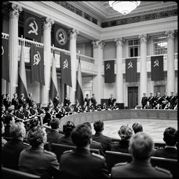 60s movie still of a CCCP congress with soviet flags and many soviet general stanilist style palace interior, by Irving Penn , cinestill 800t 35mm black and white, heavy grainy picture, very detailed, high quality, 4k, HD criterion, precise texture