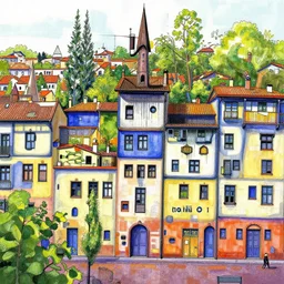 A mediterranean city, drawn in the style of Hundertwasser