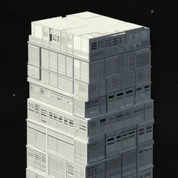 stacks of computer consoles in space by shigeru komatsuzaki