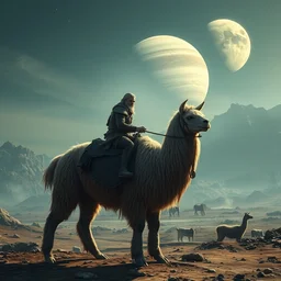 5 5 mm portrait photo of geralt riding an alpaca on the surface of io. jupiter is visible in the background. gritty fantasy atmosphere. art by greg rutkowski. highly detailed 8 k. intricate. lifelike. soft light. nikon d 8 5 0.