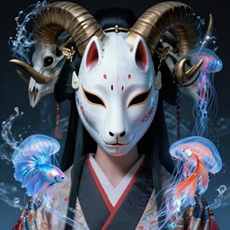 3 d goddess close - up portrait with crown, ram skull. beautiful intricately detailed japanese crow kitsune mask and clasical japanese kimono. betta fish, jellyfish phoenix, bioluminescent, plasma, ice, water, wind, creature, artwork by tooth wu and wlop and beeple and greg rutkowski