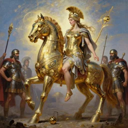 battlefield of trojan war, trojan horse, eris discordia, holding an reflective gold!!! metal apple, goddess of chaos, wide angle, intricate details, artifacts, luminous skies, by michael cheval, peter mohrbacher, boris vallejo, jessica rossier, oil painting, highly detailed, cinematic lighting, unreal