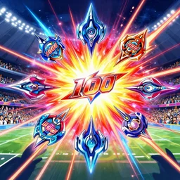 beyblade battling 1 0 0 beyblades in a stadium with cheering people, and the 1 0 0 blades burst