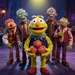 muppets movie, the muppets are zombies, zombie apocalypse, zombie muppet, meat balls, trending on Artstation, 8K, ultra wide angle, pincushion lens effect