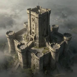 monolithic castle, stone hewn, krak de chevalier, epic scale, extremely high towers, vertiginous, aerial view, matte painting, dramatic lighting, fog, dark souls, fantasy, artstation