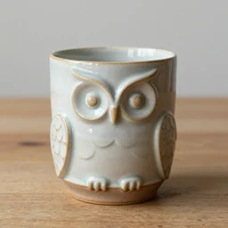 beautiful close - up studio photograph of a hand - thrown stoneware mug with owls carved into it on a wooden table, hyperrealism 8 k trending on artstation