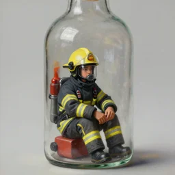 a tiny realistic proportioned fire man sitting down inside a glass bottle. beautiful detailed painting by artgerm and magali villanueve and michael whelan